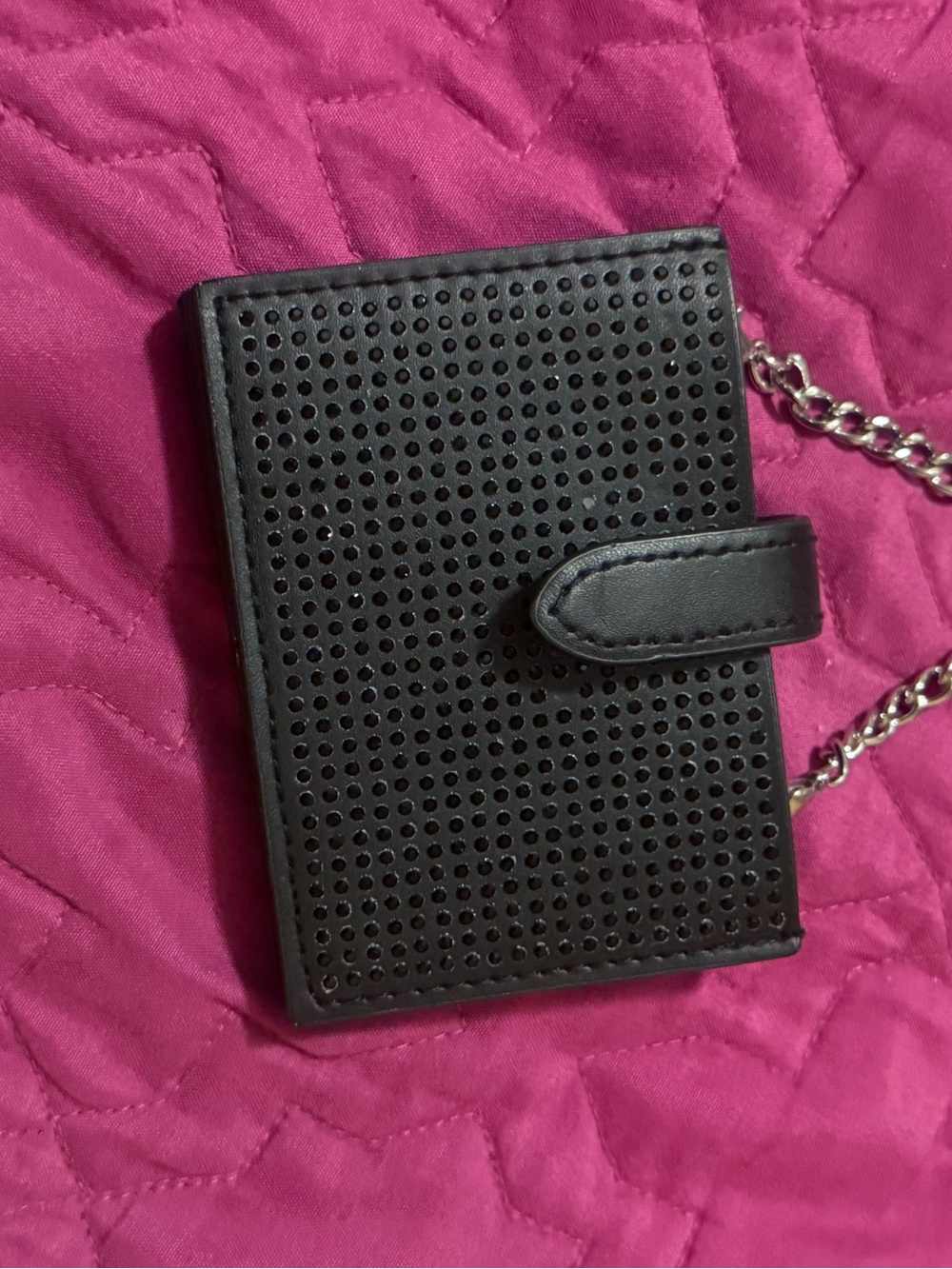 Perforated Black Card Wallet with Chain Strap